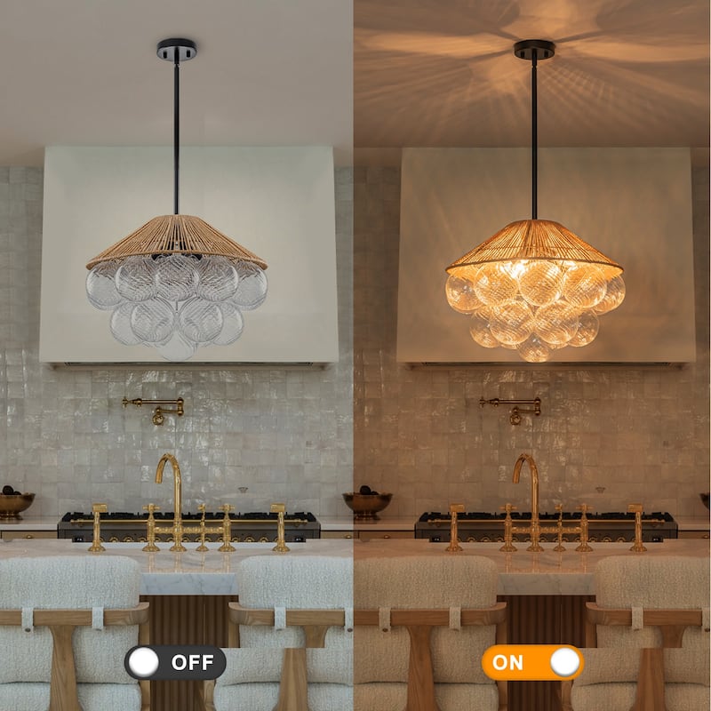 20.5" 4-Light Farmhouse Rope Chandelier Cone Shades Clear Glass Balls - Dia.20.5-in