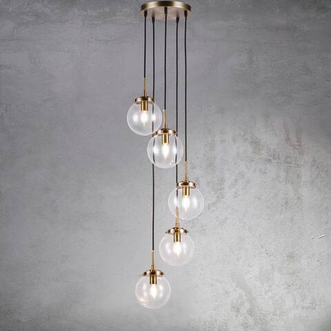 5-Lights Modern Staircase Clear Globe Bubble Glass Linear Chandelier Gold Light