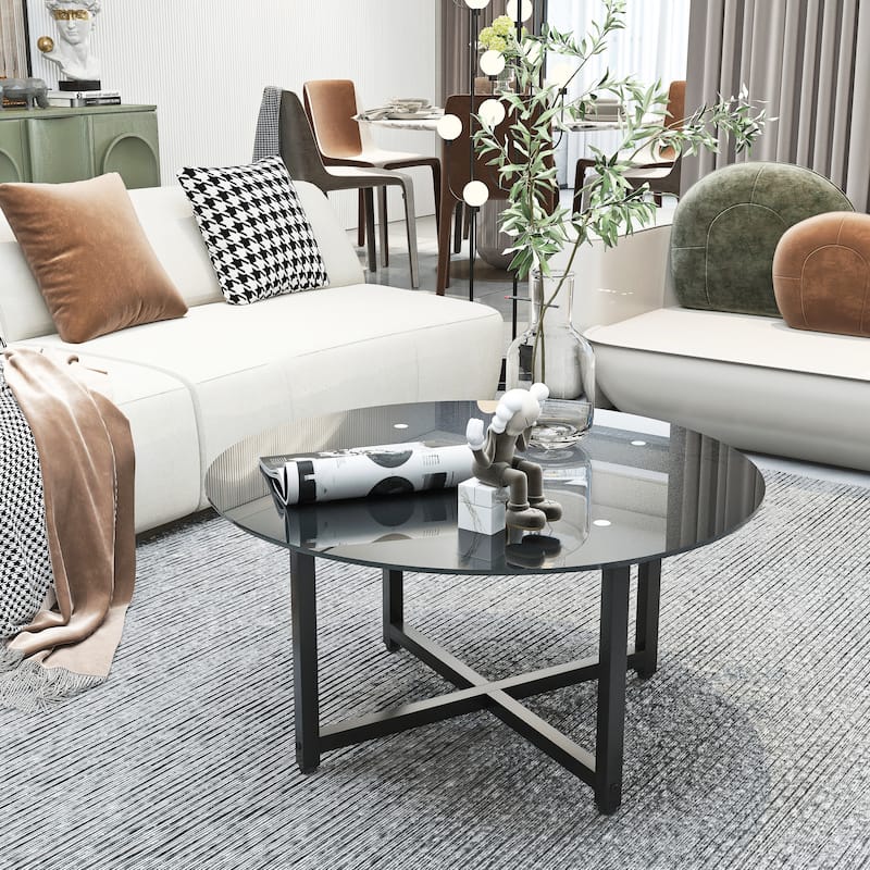 35.5'' Round Whole Black Coffee Table, Clear Coffee Table，Modern Side Center Tables for Living Room， Living Room Furniture