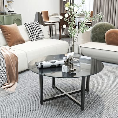 35.5'' Round Whole Black Coffee Table, Clear Coffee Table，Modern Side Center Tables for Living Room， Living Room Furniture