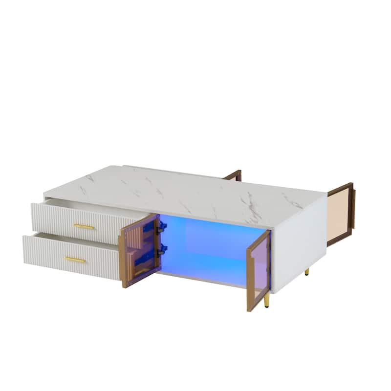 Modern 47.2" Coffee Table with 2 Glass Door Storage, 4 Drawers, Wooden Decorative Cocktail Table with Gold Metal Legs