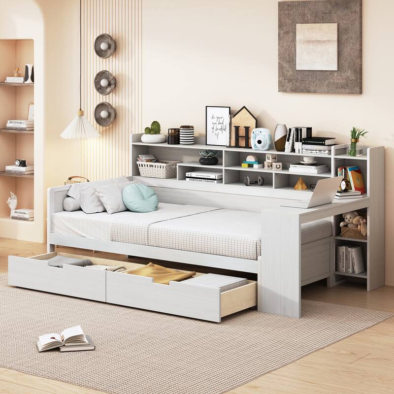 Wooden Twin Size Daybed with Storage Shelves, Multi-functional Bed with Two Storage Drawers and Study Desk
