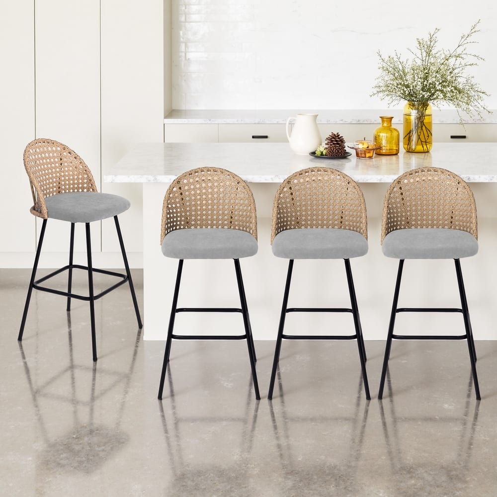 29" Upholstered Swivel Bar Stools with Rattan Back