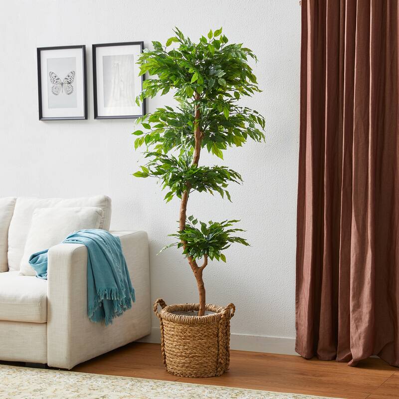 Glitzhome 3ft-6ft Set of 2 Artificial Olive Trees/ Bamboo/ Ficus with Ceramic Planters Real Touch