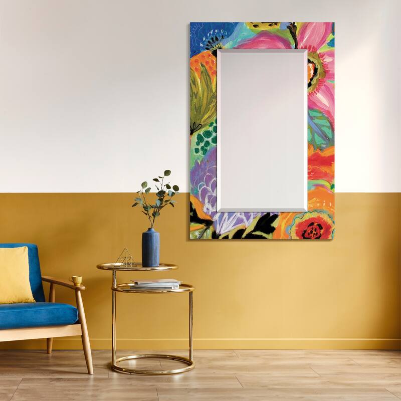 "Secret Garden Floral II" Rectangular Beveled Mirror on Free Floating Reverse Printed Tempered Art Glass - 48" x 32"