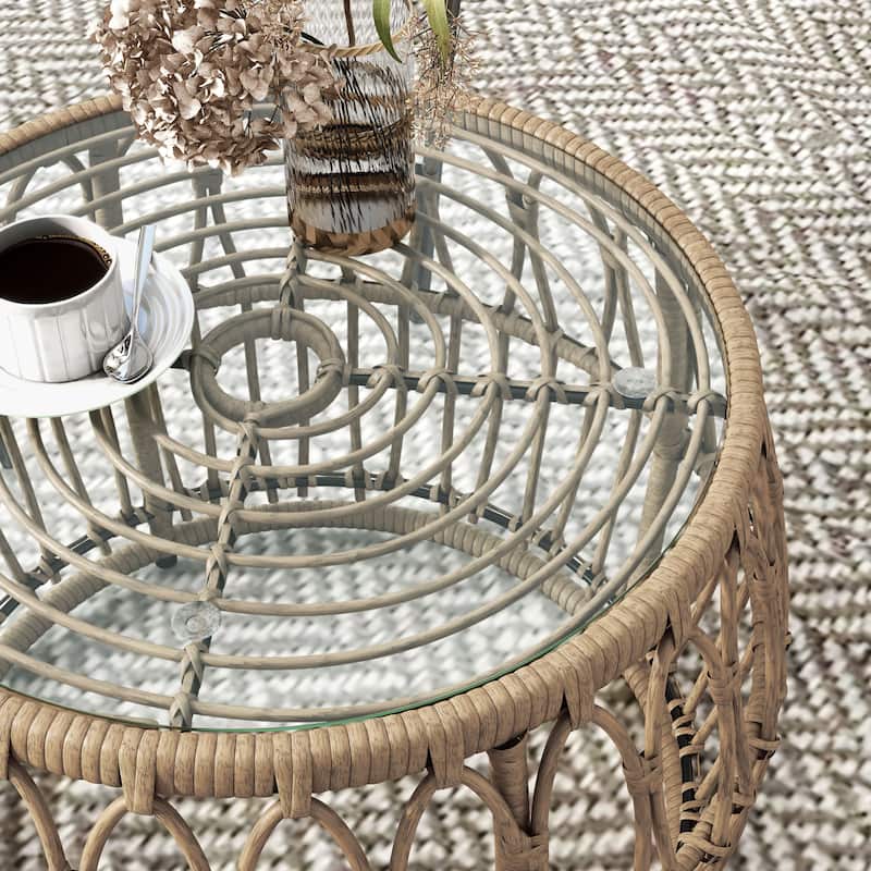 Hunter Boho Natural 22-inch Outdoor Patio Round Coffee Table with 5mm Tempered Glass Top by M&L Co.