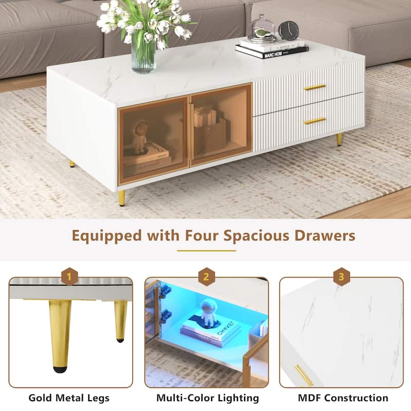 Modern Coffee Table with 2 Glass Door Storage, 4 Drawers, Gold Metal Legs, and Multi-Color Lighting in 47.2''