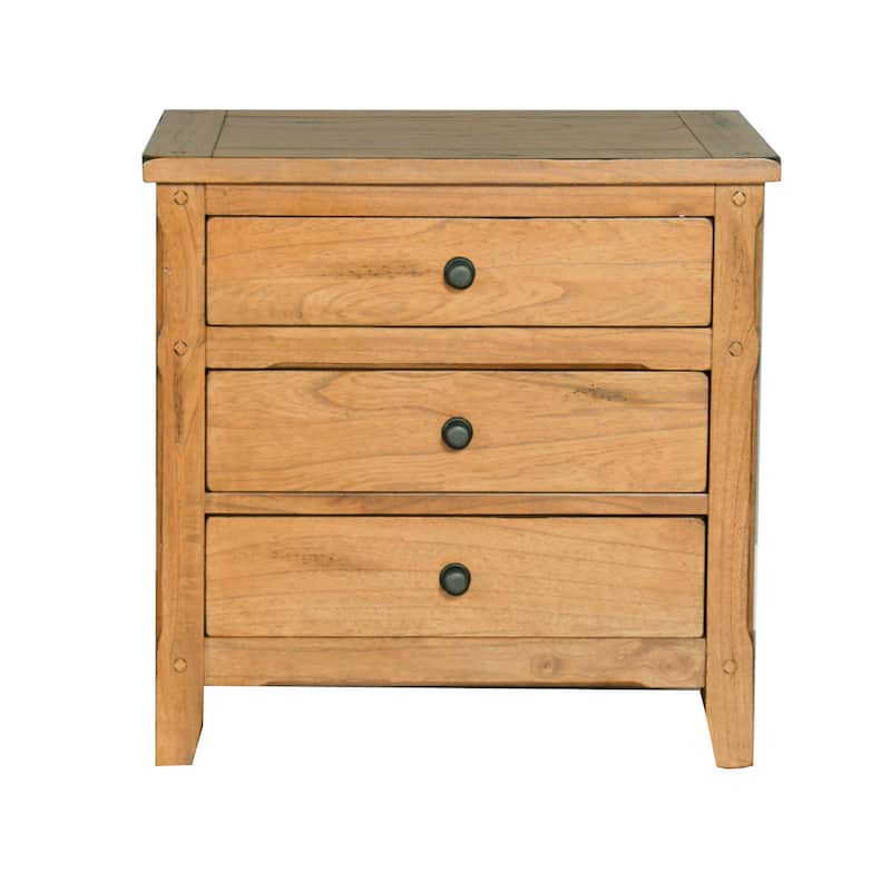 Marv Nightstand, 3 Drawers, Rustic Light Brown Solid Wood 29 Inch