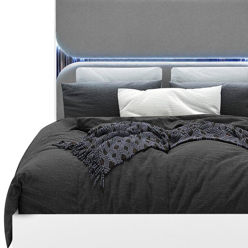 HomeRoots White and Gray Wood And Upholstery Lighted Queen Bed Frame