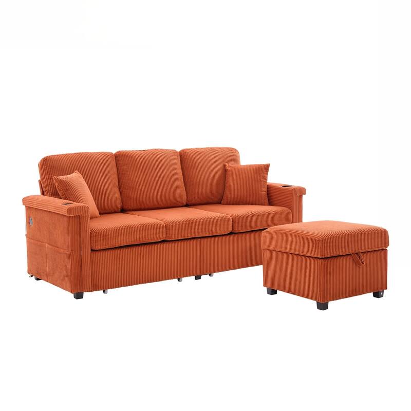 L-Shaped Sectional Sofa with Pull-Out Storage,Ottoman & Pillows 3-Seat with USB Charging,Cup Holder, Convertible Design