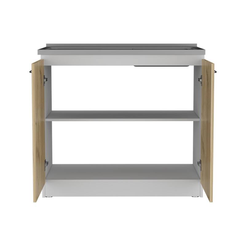 Freestanding Sink Cabinet with Double Doors and Two Shelves, White / Black, Practical Design, Stainless Steel