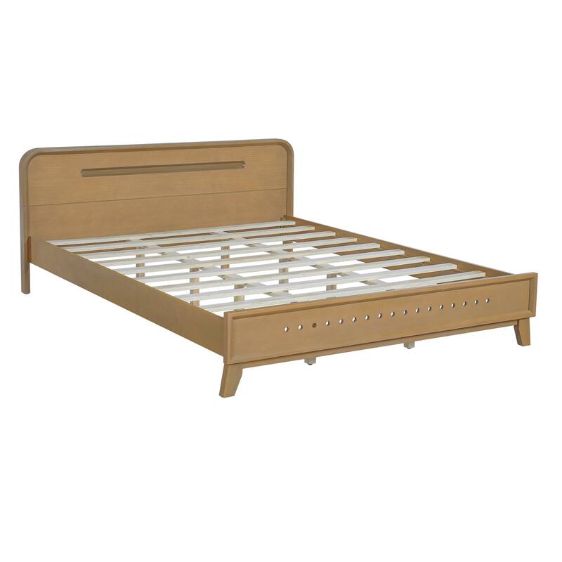 Rustic Pine Wood Bed Frame Low-Profile Platform Bed with Panel Headboard Solid Wood Slat Support and Extra Wide Thickened Legs