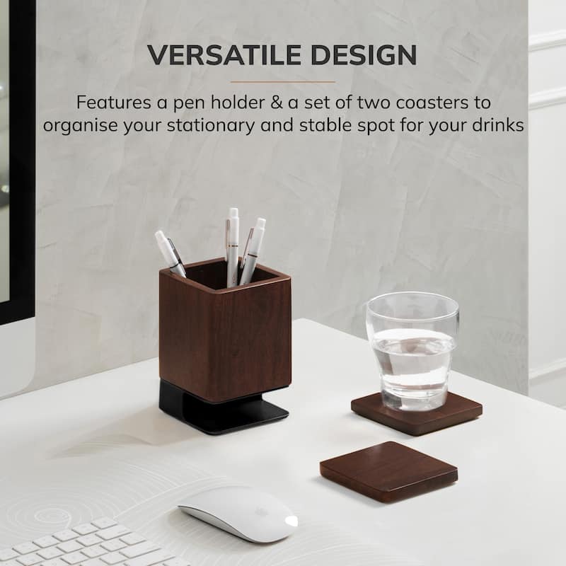 Jani Wooden Pen Cup Holder with 2 Coasters - Stained Mango Wood & Powder-Coated Metal Organizer for Home, Office & Living Spaces