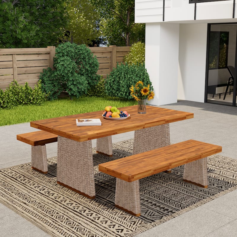 Roomfitters Outdoor Acacia Wood Dining Table Set with 1 Table and 1 Bench - Brown,Teak (2 Seats)