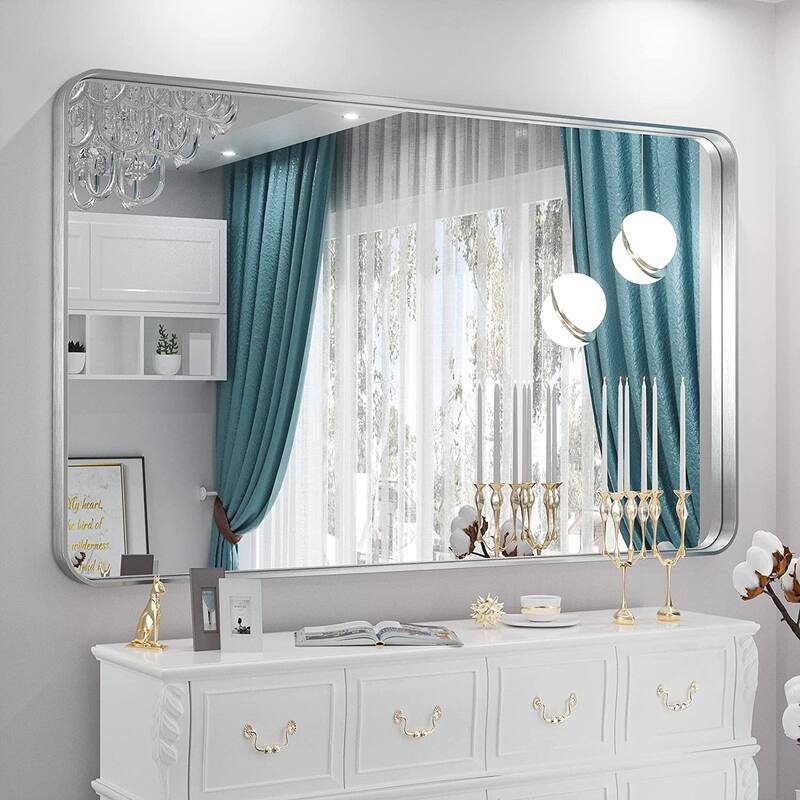 TETOTE Modern Metal Frame Wall Mounted Bathroom Vanity Mirror - 55x36 - Silver