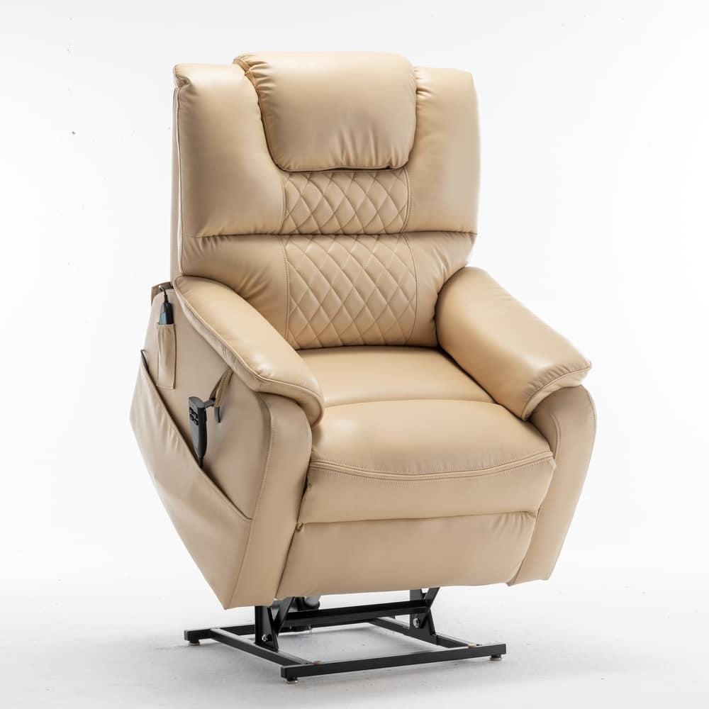 Beige Oversized Electric Recliner with OKIN Motor, 180° Lay Flat Function, Extra-Wide Seat, and Side Storage Pockets
