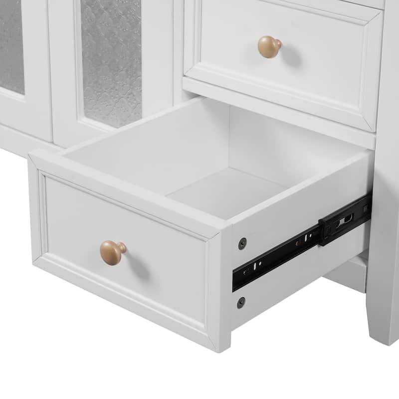 Bathroom Vanity Storage Cabinet with Translucent Embossed Glass Doors, 2 Drawers, Adjustable Shelves and Soft Close Design