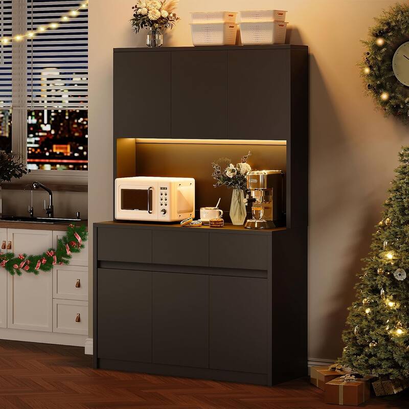 Large Kitchen Pantry with Microwave Countertop and LED Lights - Black