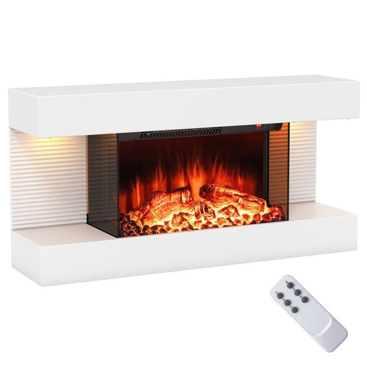White Wall Mounted Floating Electric Fireplace with and 3-Sided Tempered Glass and Remote Control - 32 Inches