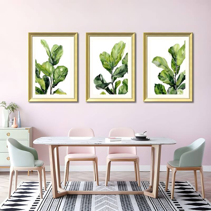 Set of 3 Green Leaf Botanical Framed Wall Art - Replaceable Canvas Prints with Solid Wood Picture Frames, Modern Plant