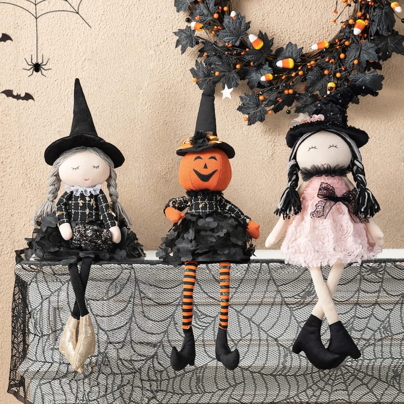 Glitzhome 29"H Halloween Handmade Fabric Dressed Witch Pumpkin Jack-O-Lantern Figurine Sitter Table Decor