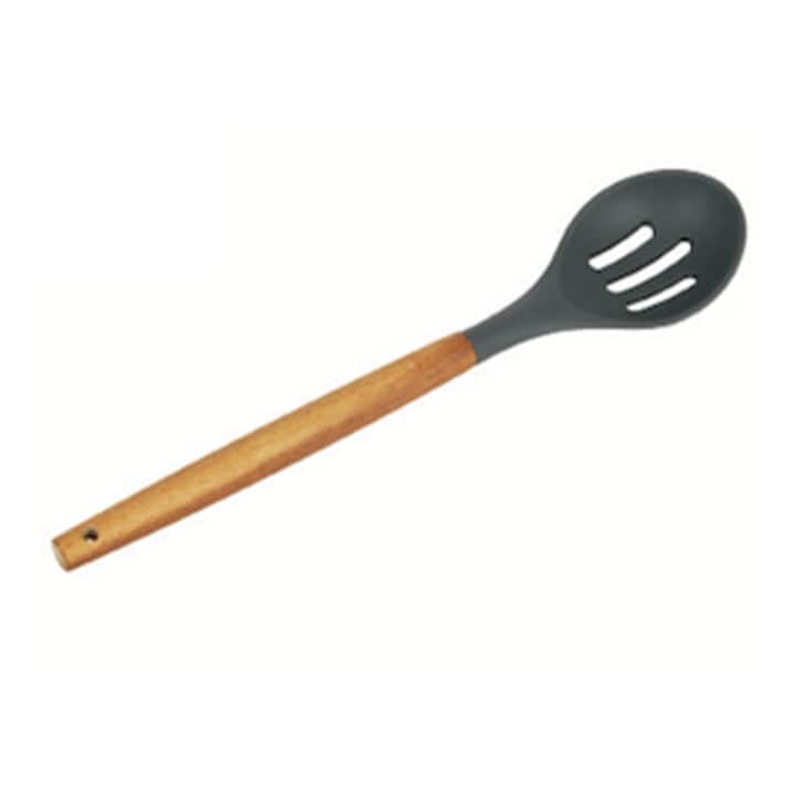 Home Basics Acacia & Silicone Slotted Spoon, Black, 3x14 Inches - 3x14 Inches