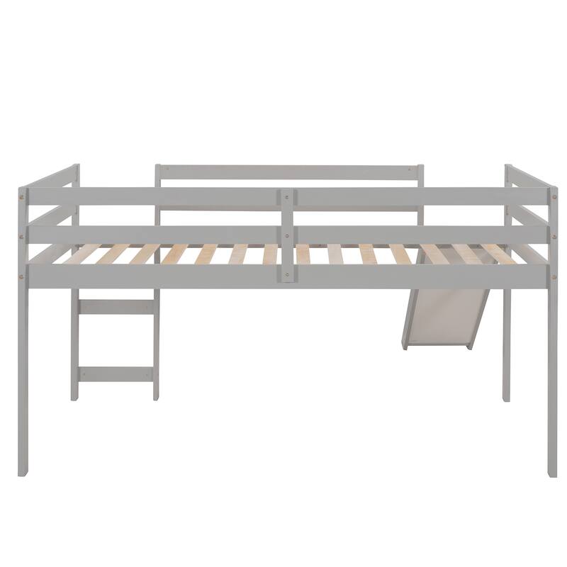 Multifunctional Twin Loft Bed with Slide, Gray Finish, Solid Pine Construction