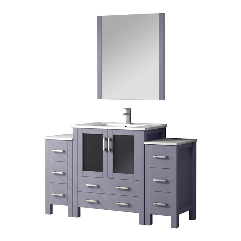 Volez 54 in W x 18.25 in D Dark Grey Bath Vanity with Side Cabinets, Faucet Set, White Ceramic Top, and 28 in Mirror