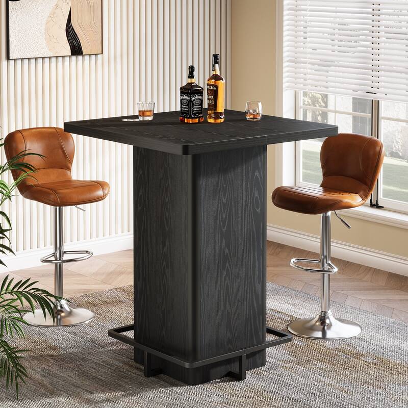 39.37" High Wooden Square Bar Table with Metal Footrest, Black - Black
