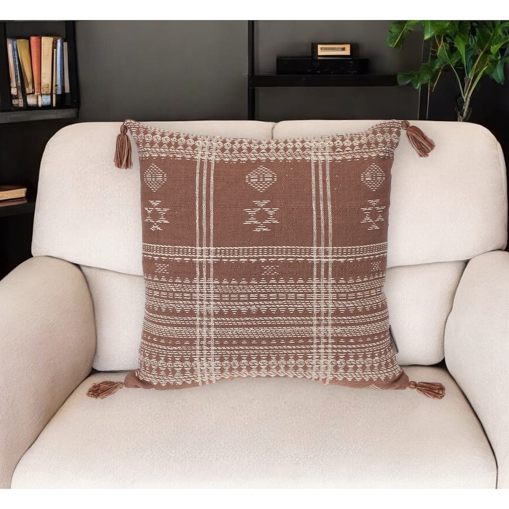 18" Beige and Brown Cotton Throw Pillow with Tassels