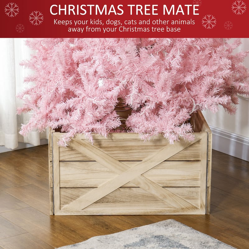 Christmas Tree Collar in Light Distressed Wood with Rustic X Motifs for Tree Base - 28.3" L x 27.2" W x 14.6" H