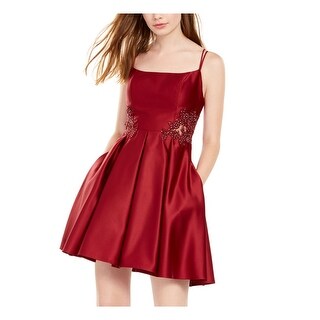 BLONDIE Womens Blue Zippered Floral Spaghetti Strap Scoop Neck Short Party Fit + Flare Dress main image 1