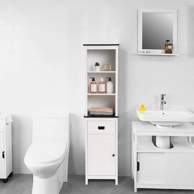 White and Black Wood Bathroom Tower Storage Linen Cabinet - 63" H x 15.75" W x 11.81" D