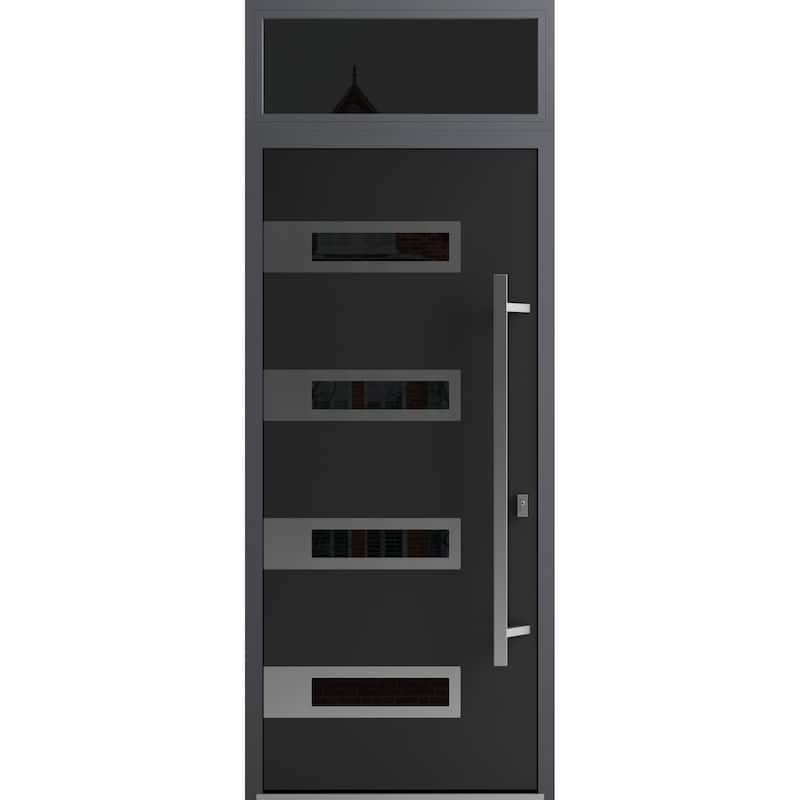 Front Exterior Prehung Steel Door Ronex 0131 Black Enamel Stainless Inserts Entry Metal Painted W36xH80 Left hand Inswing - Black - 36" x 96"