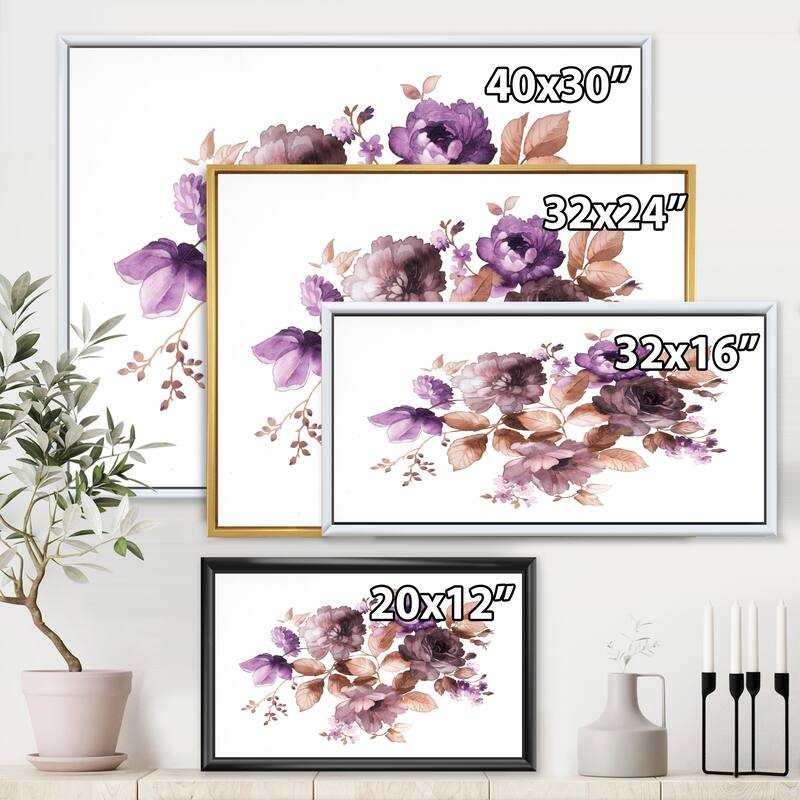 Designart "Purple Retro Flowers With Brown Leaves" Traditional Framed Canvas Wall Art Print