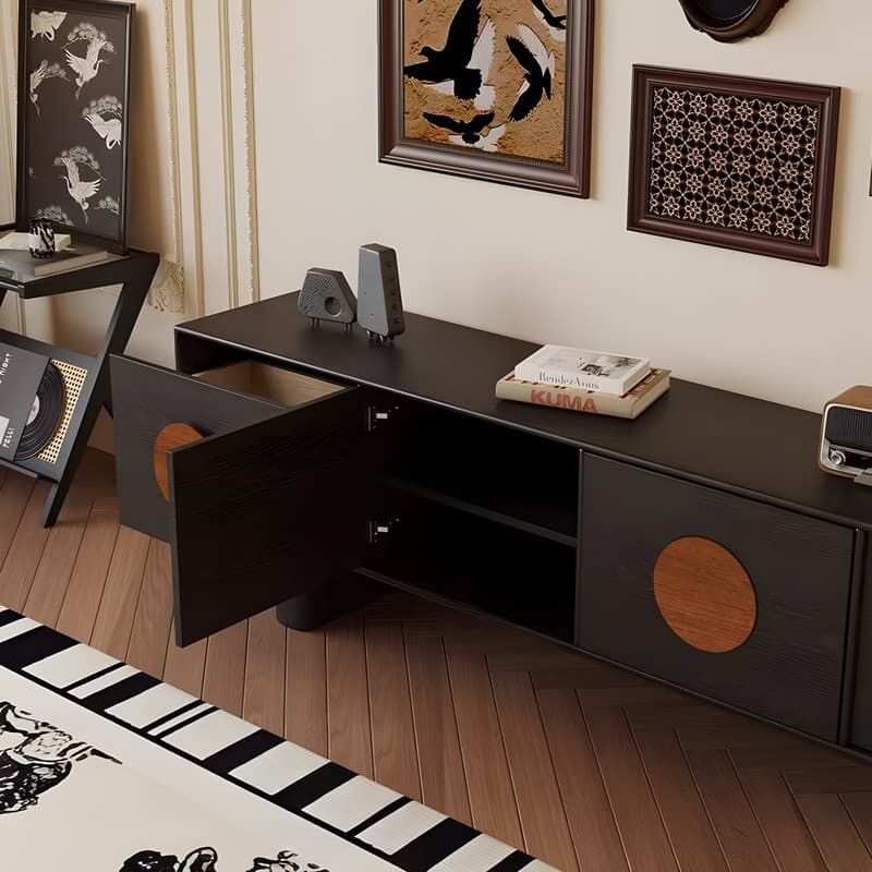 71" Mid Century Modern Black TV Stands, With Solid Wood Veneer, 4 Cabinets Media Console