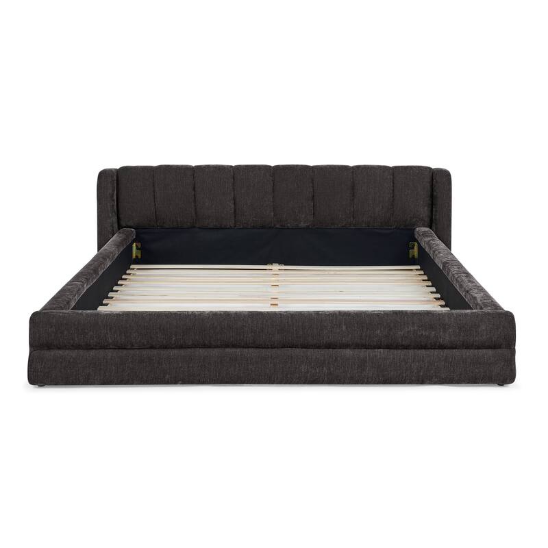 Chenille Fabric Grounded Bed, Thick Fabric Upholstered Bedframe Queen Size Low Wingback Bed with Solid Wood Slat Support Frame