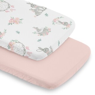 Sweet Jojo Designs Woodland Bunny Floral Girl 2 Pack Baby Bassinet Fitted Sheets - Solid Pink & Shabby Chic, Boho, Rose, Flower