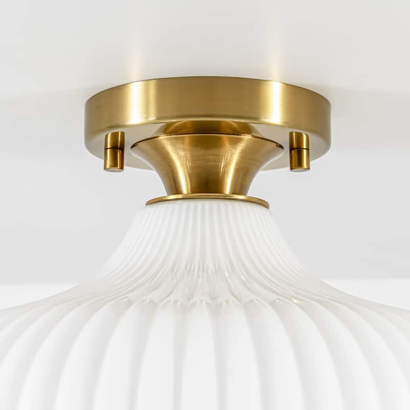 1-Light Modern Elegant Ribbed Glass Flush Mount with Brushed Brass/Matte Black Finish for Bedroom & Foyer