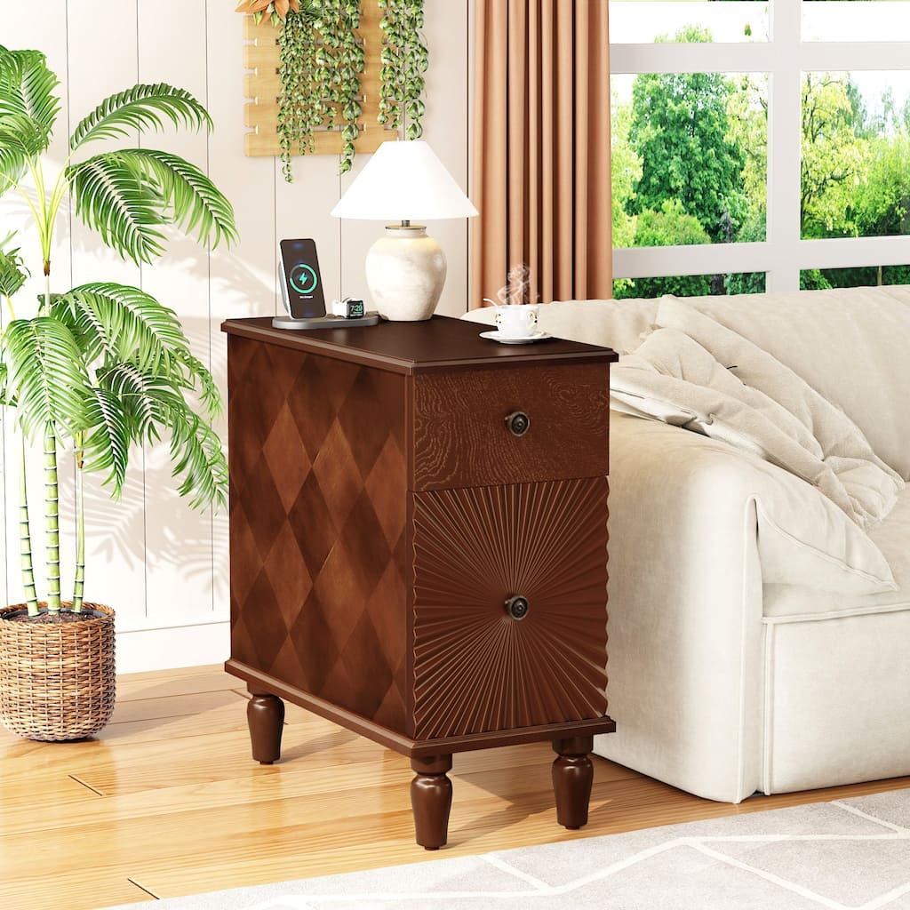 Slim 2-Drawer Walnut Side Table with USB Ports, Narrow Modern Nightstand for Living Room or Bedroom, MDF & Solid Wood