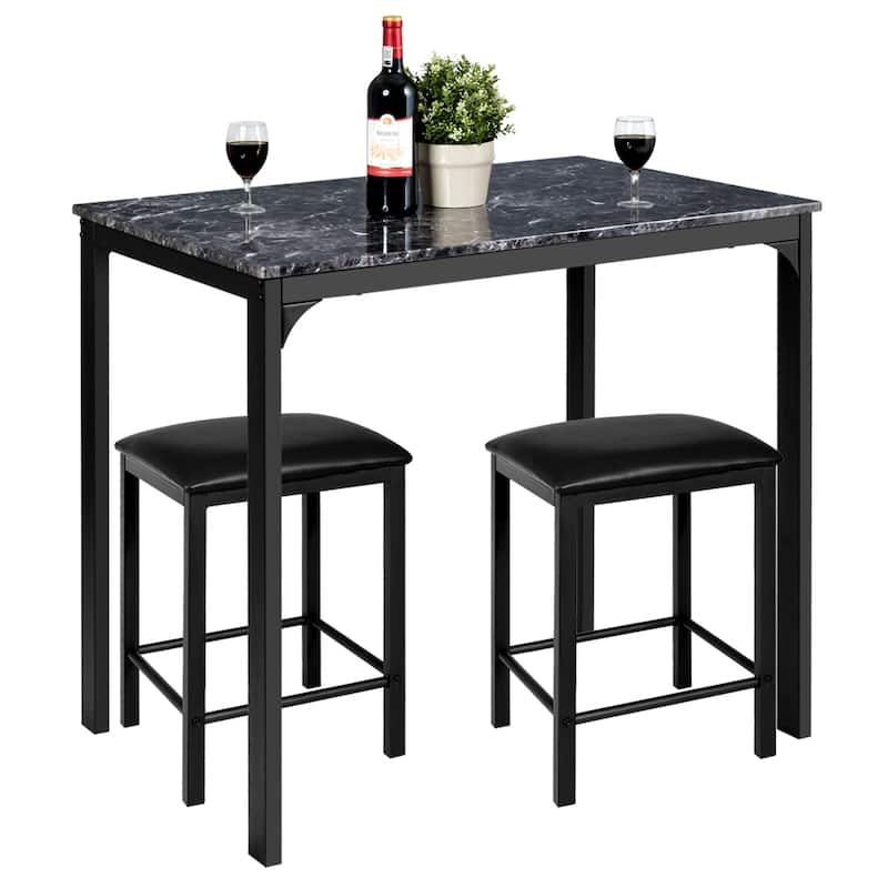 Costway 3 Piece Counter Height Dining Set Faux Marble Table 2 Chairs - Black