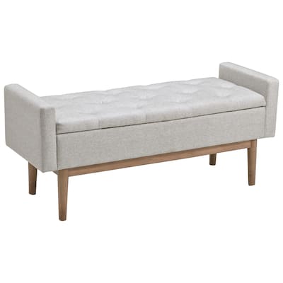 Tufted Fabric Storage Bench with Low Profile Elevated Arms, Light Gray