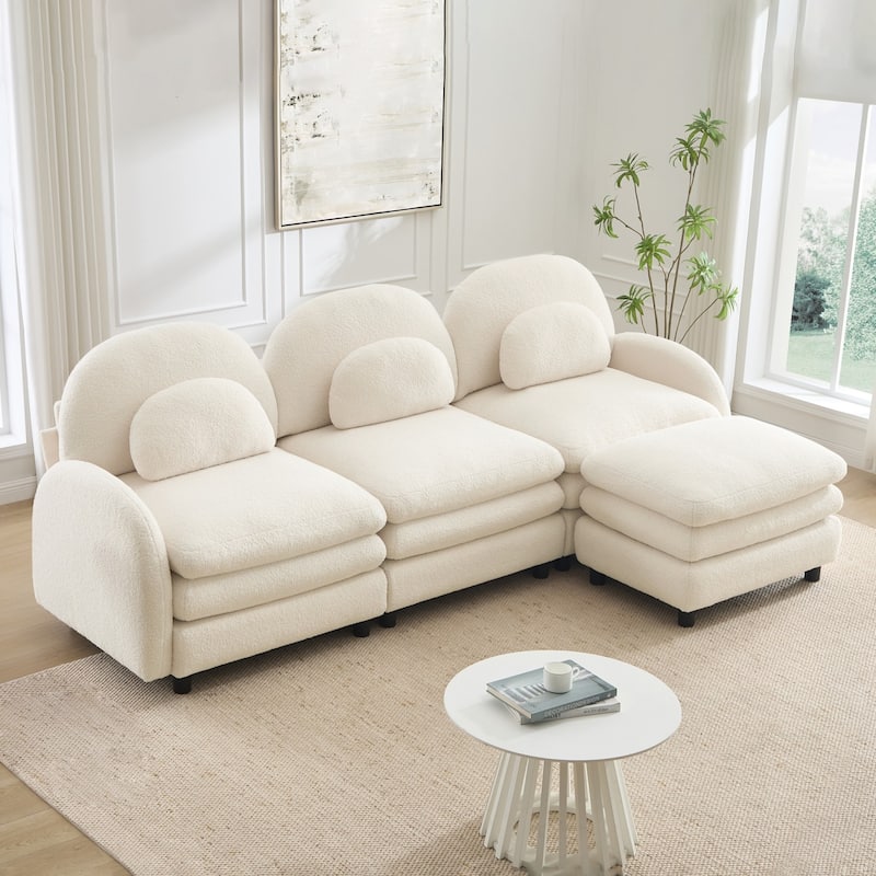 98.2" Teddy Fabric Sectional Sofa with Curved Pillows and Ottoman