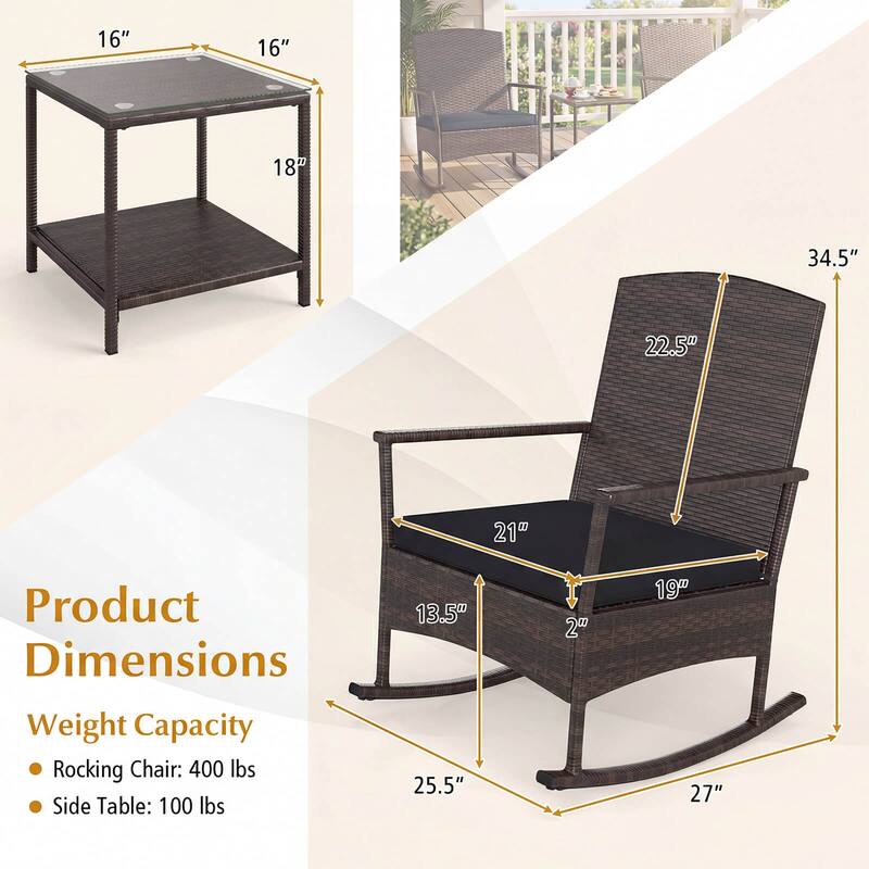 Costway 3 Piece Patio Rocking Set Wicker Rocking Chairs with 2-Tier - See Details