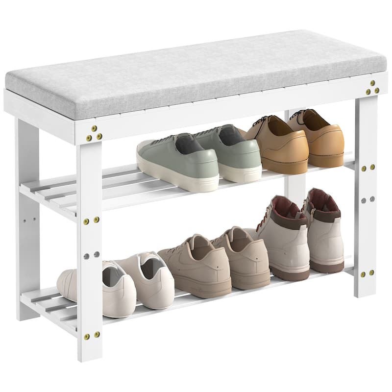 Bamboo Shoe Bench, 3-Tier Shoe Rack, Entryway Bench with Cushion and Adjustable Shelves