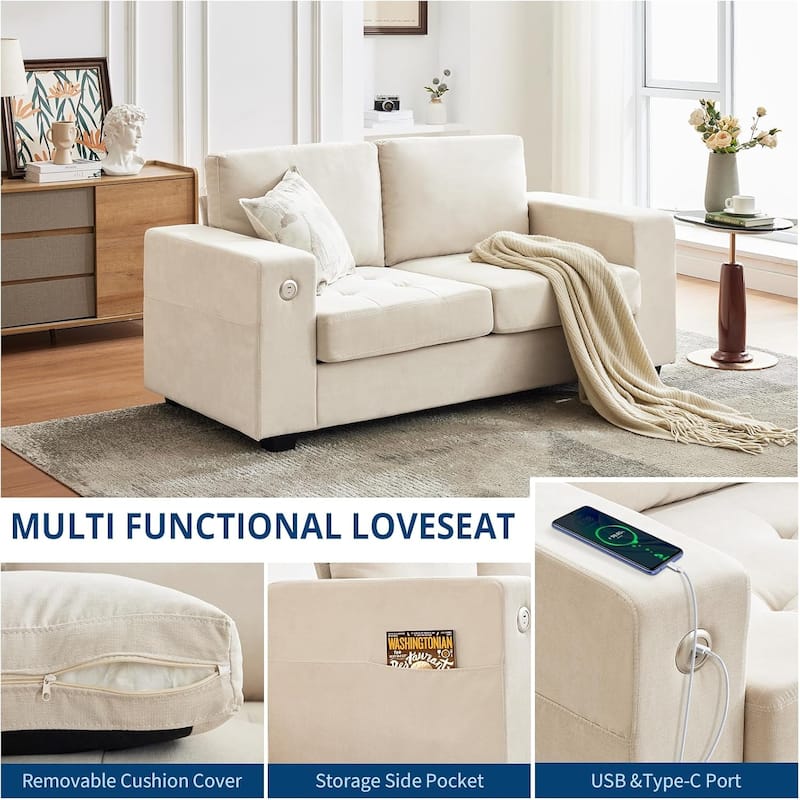 70" Chenille Loveseat Sofa with USB Charging – Modern Sectional w/Storage Pockets & Removable Cover for Living Room,