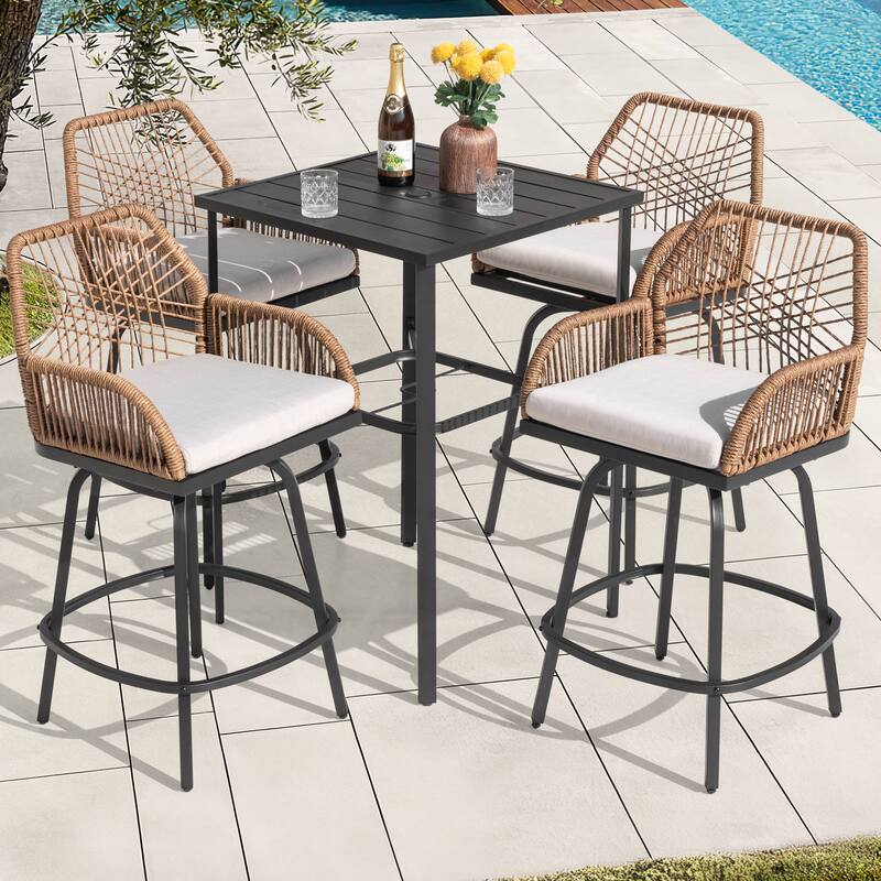 2-Piece Twisted Rattan Patio Bar Stools Set with Cushions, Swivel Design