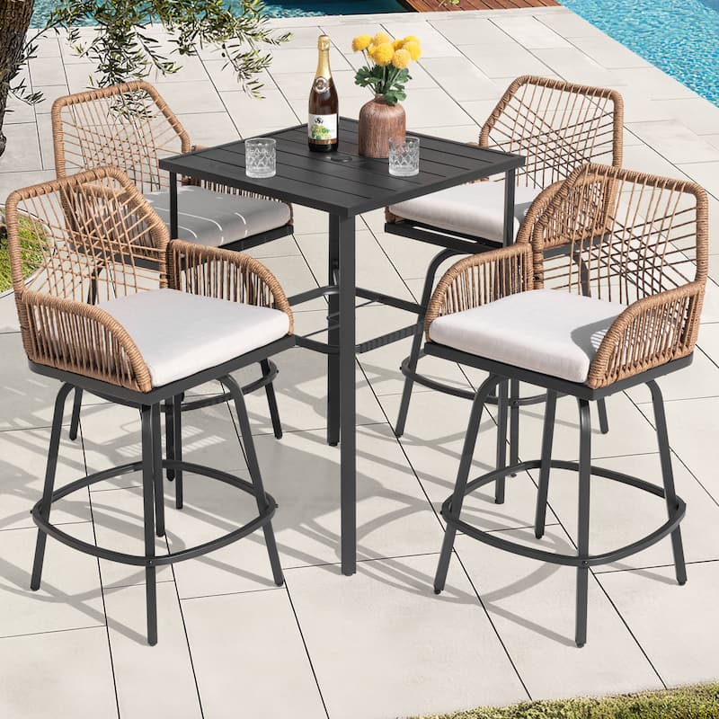 Swivel Patio Bar Set with Cushions, Handwoven Twisted Rattan Design - 5PCS