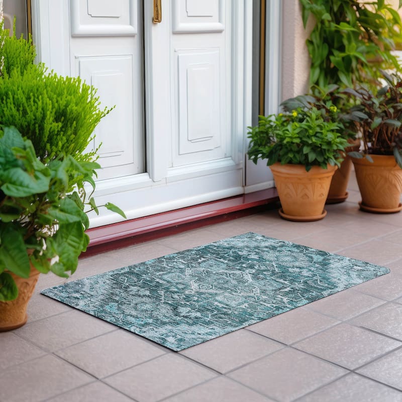 Machine Washable Indoor/ Outdoor Chantille Traditional Boho Rug - Teal - 1'8" x 2'6"