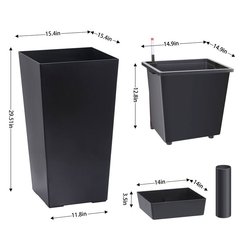 2-Pack 30Inch Tall Rectangular Planters with Drainage Holes Water Level Monitor and Wheels Black